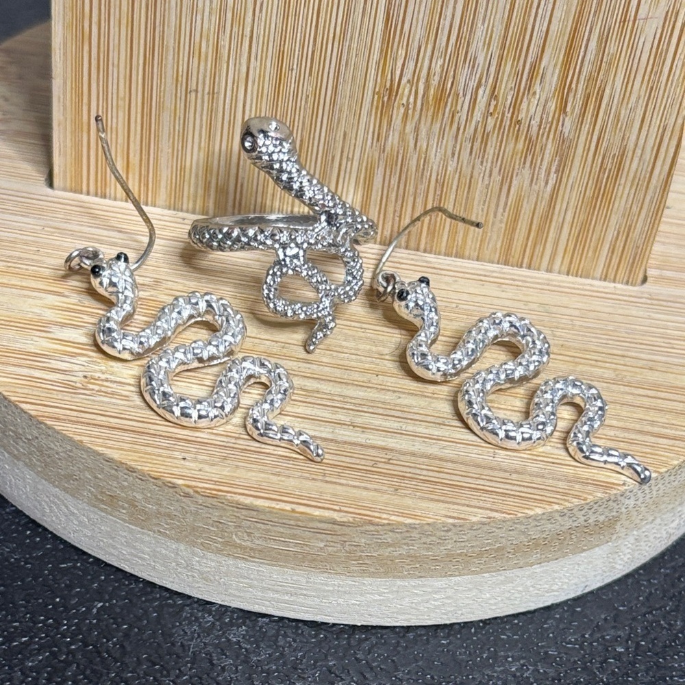 Serpent Snake Ring Dangle Earrings Fasion Jewelry Set Silver Tone